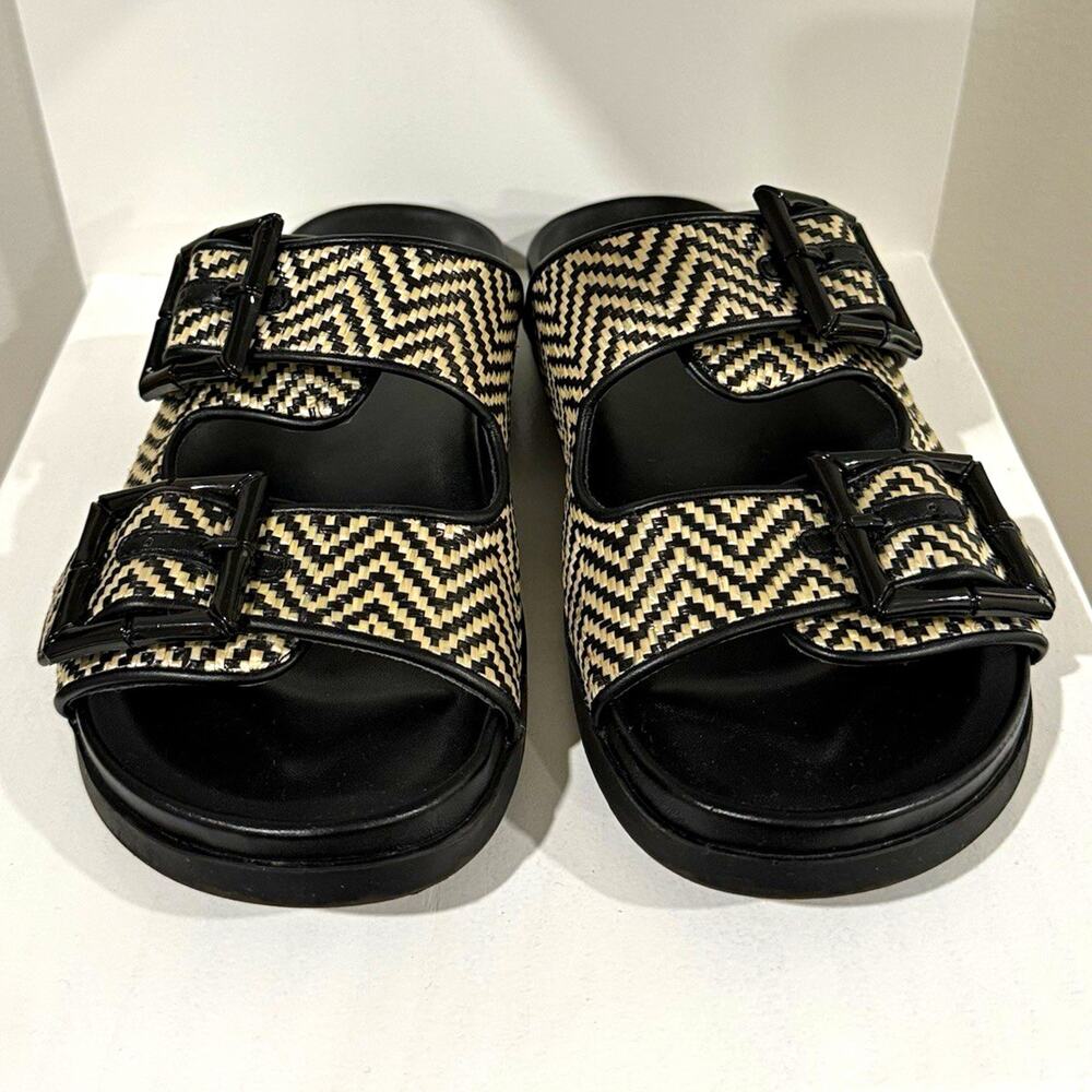 DIRECTIONS Womenโs Slide Sandals Black/Beige Geometric Double Buckle 7.5